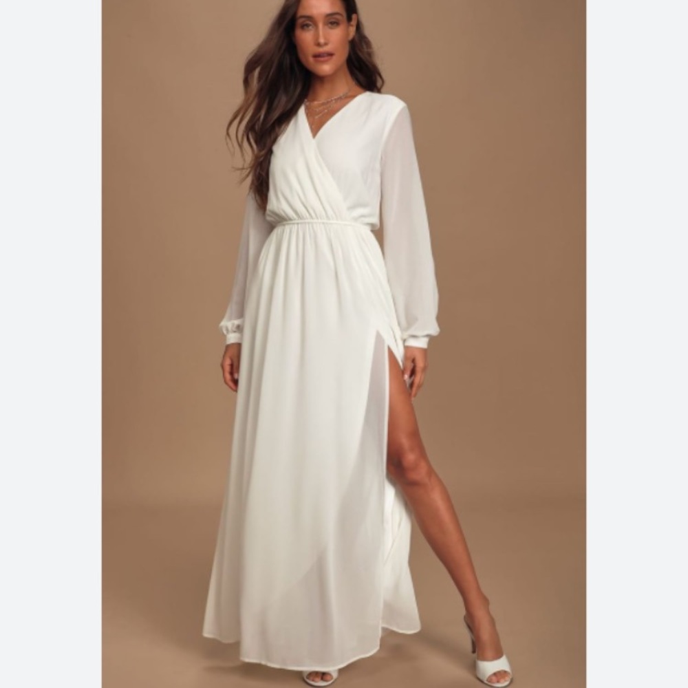 Lulu’s Wondrous Water Lilies White Flowy Ethereal Chiffon Maxi Dress, Sz M